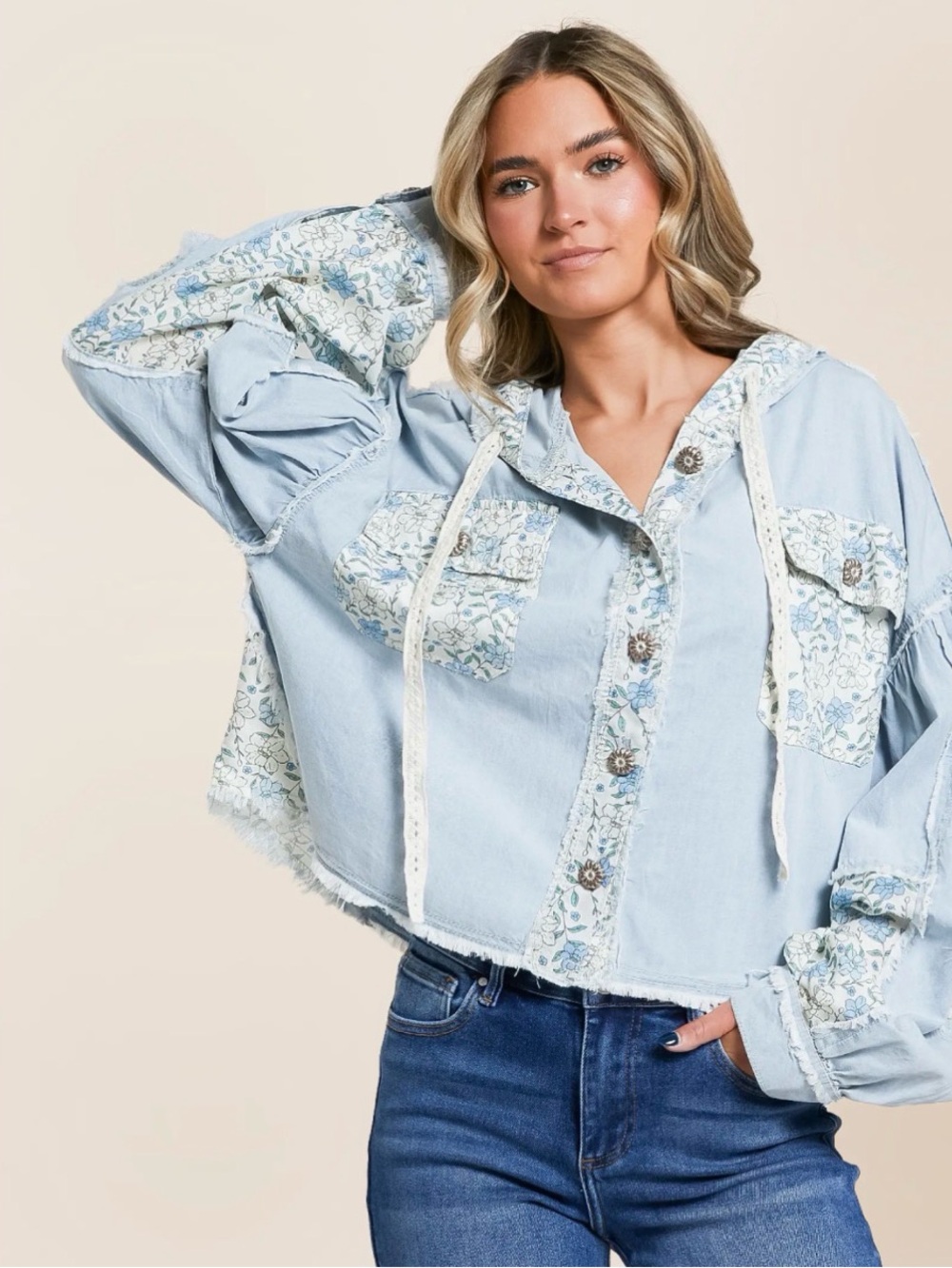 POL Light Weight Blue and  Floral Hooded Denim Shirt Jacket - Picture 2 of 8